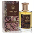 Luxurious Dark Forest unisex perfume, 3.4 oz. Amber fragrance in a clear glass bottle with a gold cap and nature-inspired brown box.