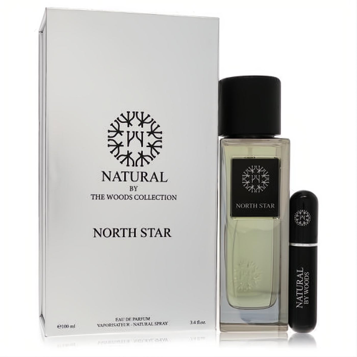 Elegant Woods Collection Natural North Star 3.4 oz unisex EDP. Clear glass bottle, black cap, sleek mini refillable spray.