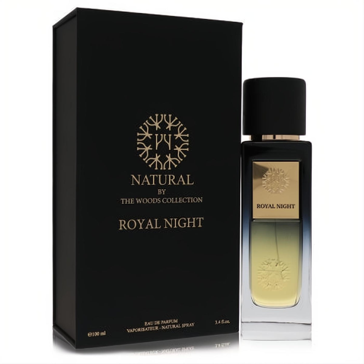 The Woods Collection Royal Night 3.4 oz unisex Eau De Parfum. Luxurious black box and elegant gradient glass bottle with gold accents.
