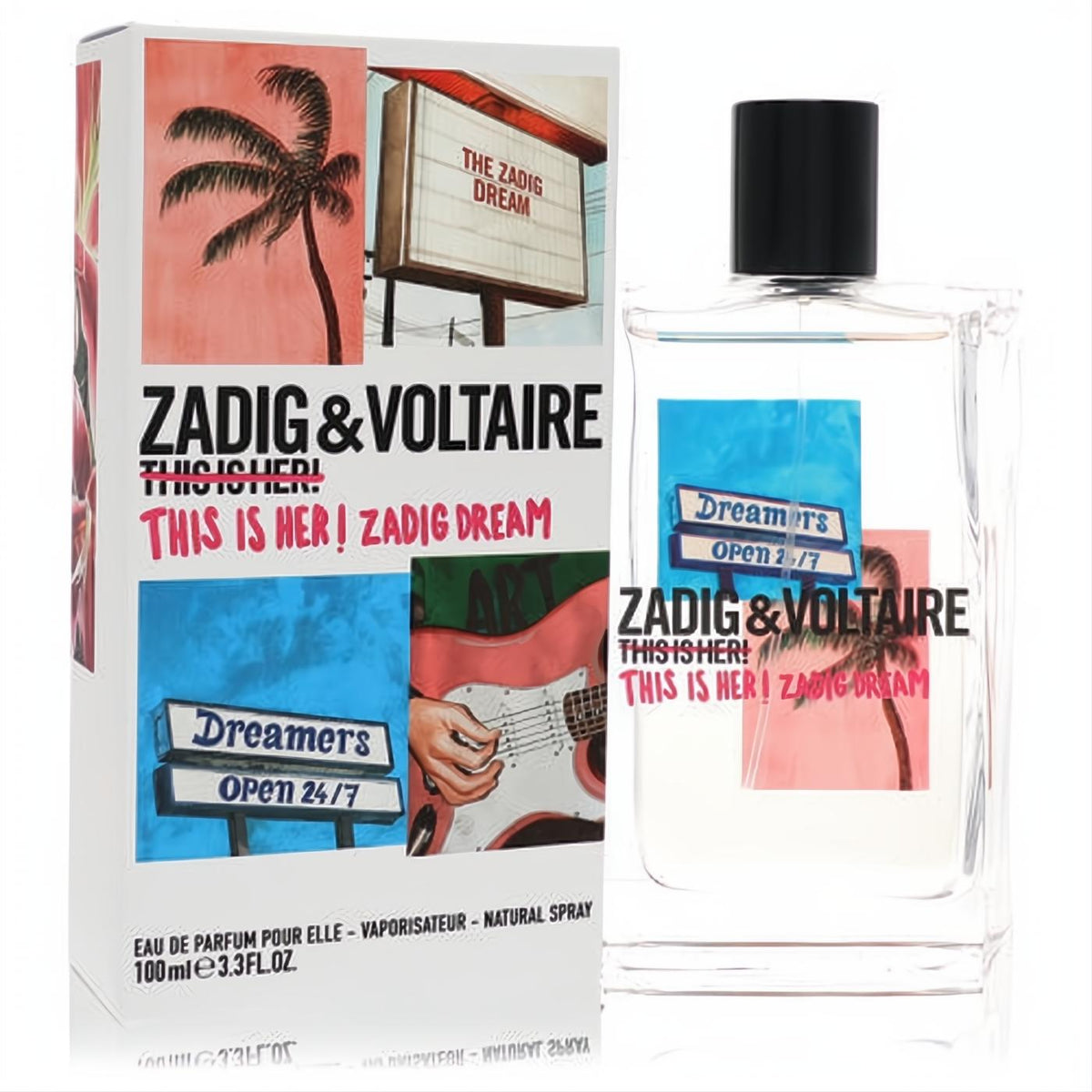 Zadig & Voltaire This Is Her! Zadig Dream 3.4 oz EDP. Clear bottle with vibrant street art label, next to its matching box.