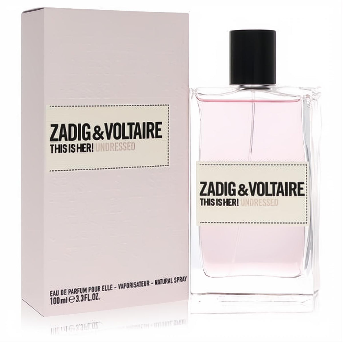Zadig & Voltaire This is Her! Undressed 3.3 oz EDP. Clear glass bottle with alluring pink fragrance, sleek black cap, and matching light pink box.