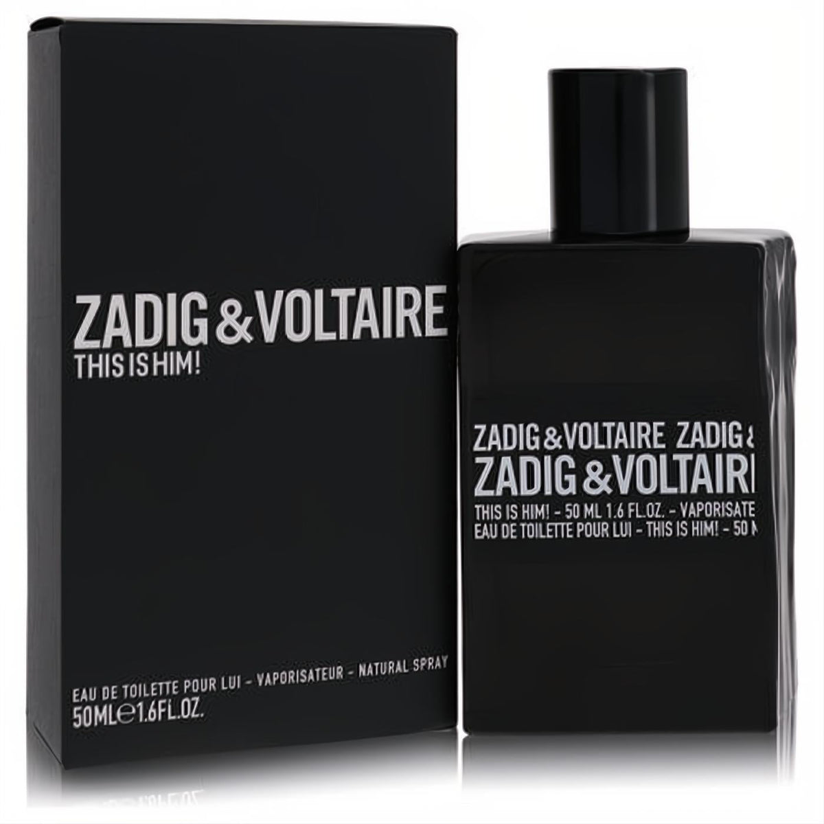 Zadig & Voltaire This is Him 1.6 oz men's Eau De Toilette. Sleek black bottle and matching box for a bold fragrance.