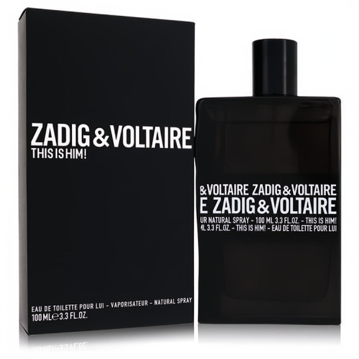Zadig & Voltaire This is Him 3.3 oz men's Eau De Toilette. Modern black bottle with striking white branding, next to its elegant box.