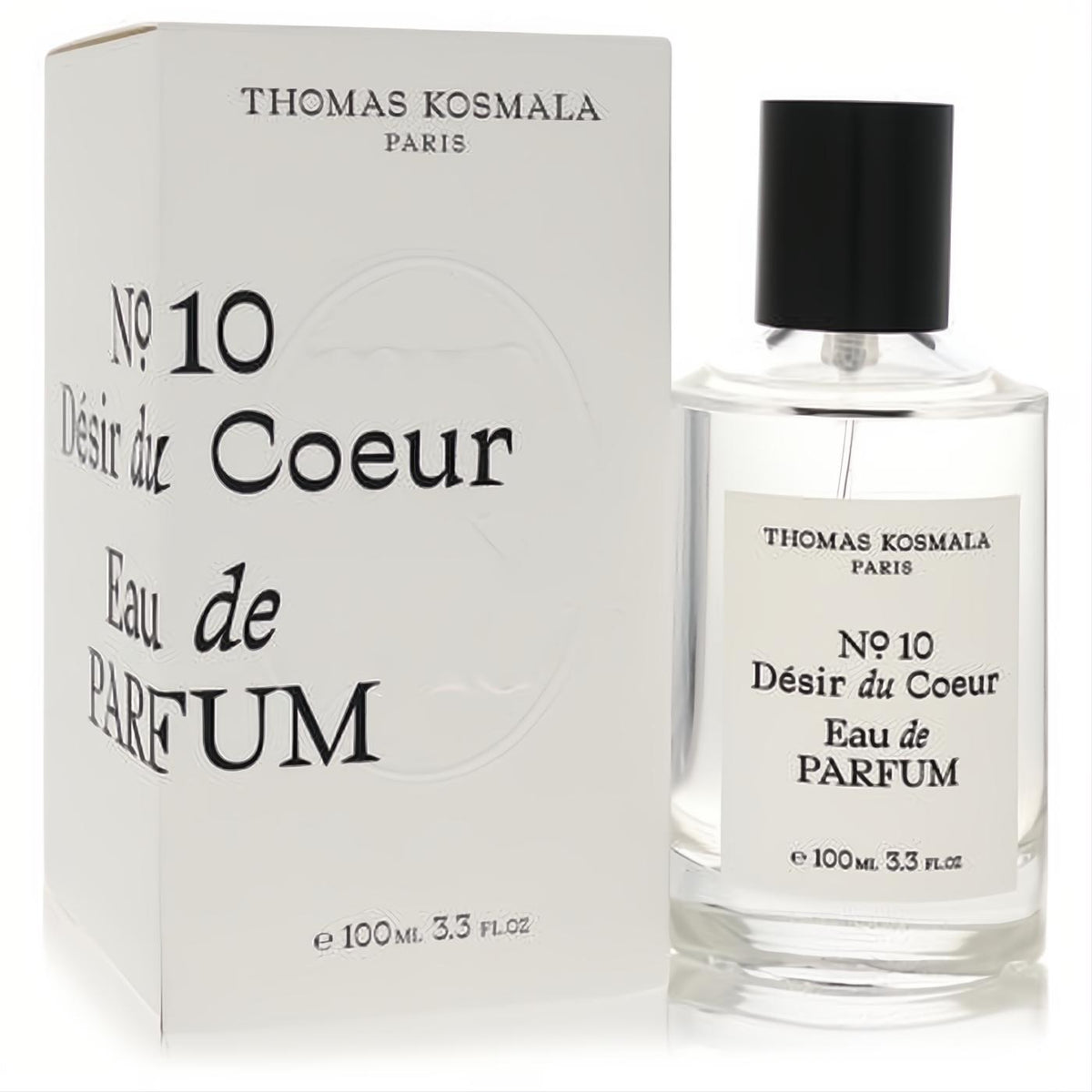 Thomas Kosmala No 10 Desir Du Coeur 100ml Eau de Parfum. Clear glass bottle, sleek black cap, and elegant white box.