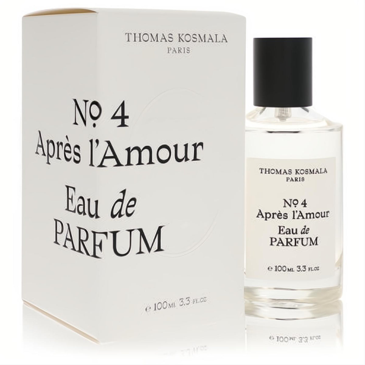 Thomas Kosmala No 4 Apres L'Amour 100ml unisex EDP spray. Clear glass bottle, black cap, and elegant white box.