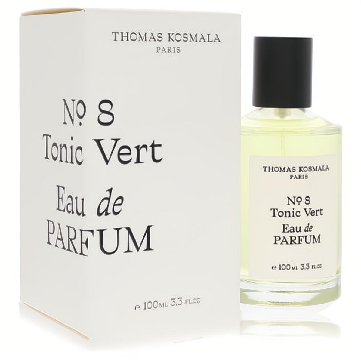 Thomas Kosmala No 8 Tonic Vert unisex EDP, 3.3 oz. Elegant clear bottle with light green liquid, sleek black cap, and crisp white box.