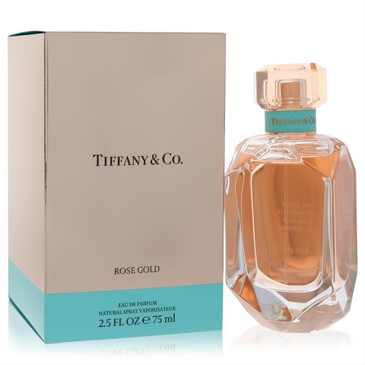 Tiffany Rose Gold 2.5 oz Eau de Parfum. Luxurious rose gold box and exquisite faceted glass bottle with iconic Tiffany blue.