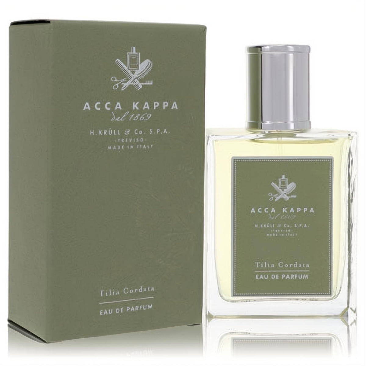 Experience Acca Kappa Tilia Cordata unisex Eau De Parfum. Clear glass spray bottle, silver cap, olive green label, and matching elegant box.