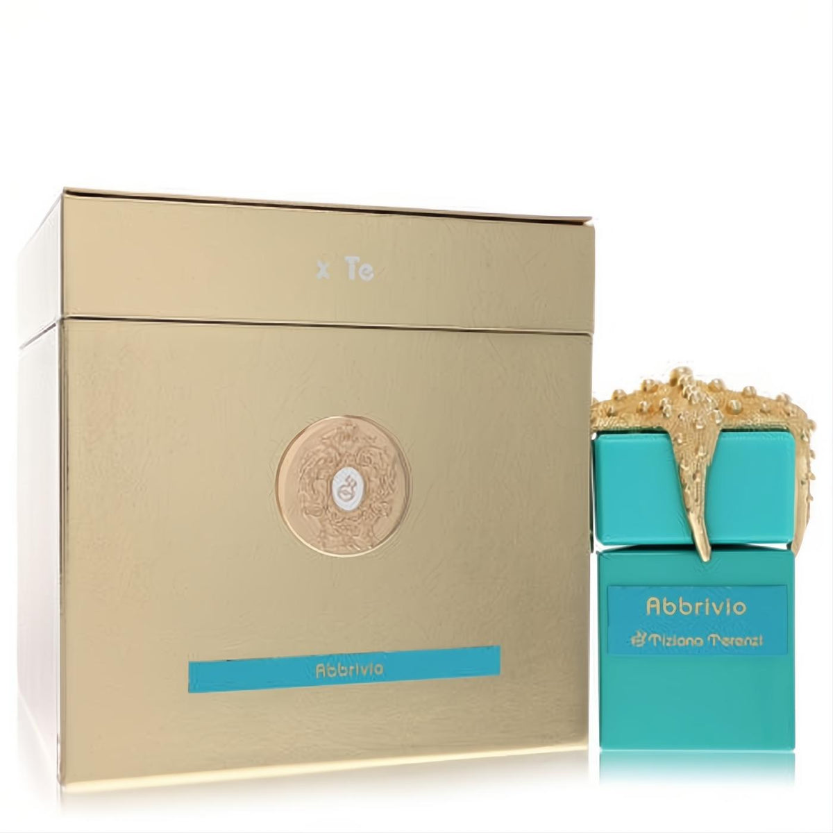Luxurious Tiziana Terenzi Abbrivio perfume set: gold box and elegant turquoise bottle with a unique gold starfish cap.