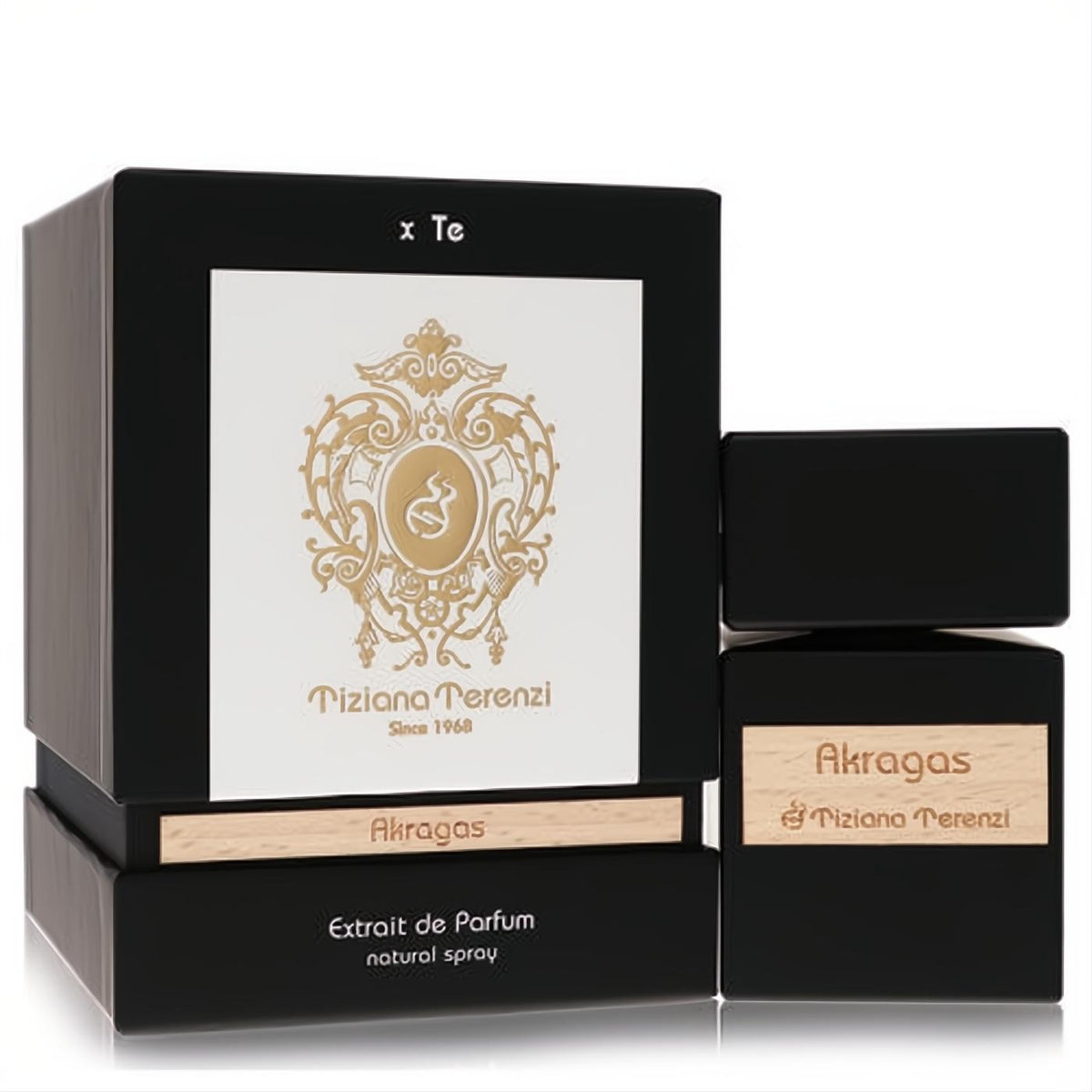 Luxurious Tiziana Terenzi Akragas Extrait de Parfum. Sleek black bottle and box with elegant gold logo and natural wood accents.
