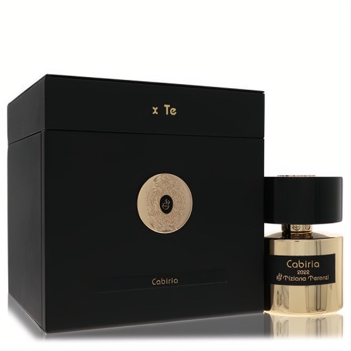 Luxurious Tiziana Terenzi Cabiria 3.4 oz unisex extrait de parfum. Elegant gold bottle, black cap, and stunning black box with a gold emblem.