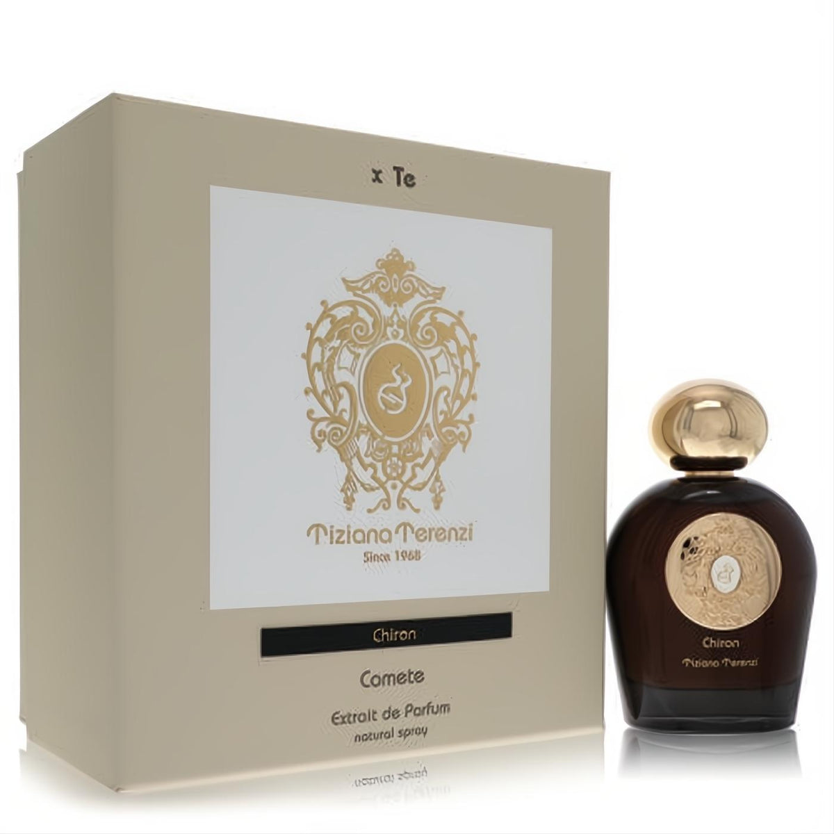 Experience Tiziana Terenzi Chiron Extrait De Parfum. Elegant amber bottle with gold cap and luxurious beige box. Unisex 3.38 oz.