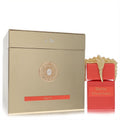 Exquisite Tiziana Terenzi Deriva 3.4 oz unisex parfum. Vibrant coral red bottle, ornate gold cap, and luxurious gold gift box.