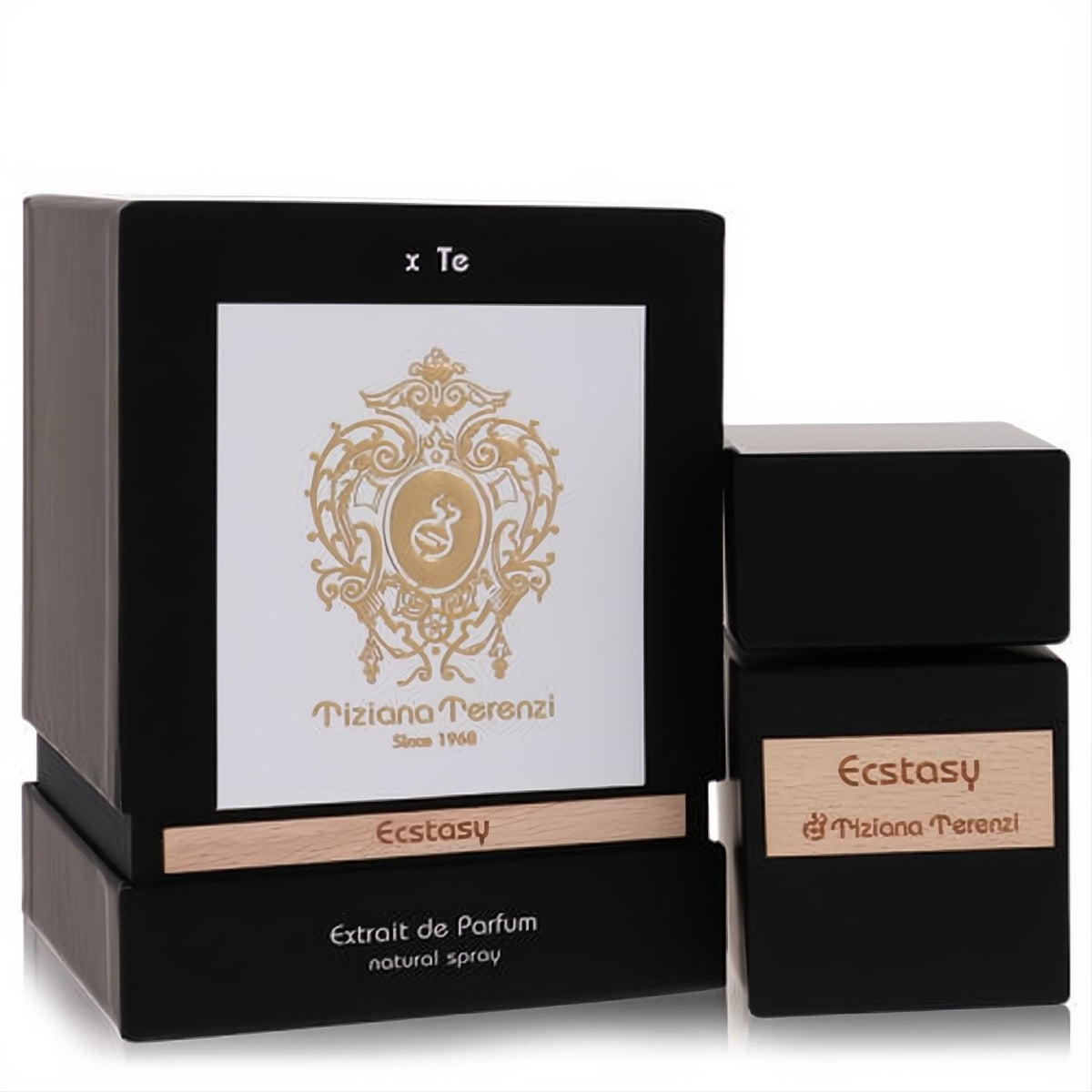 Tiziana Terenzi Ecstasy Extrait de Parfum in sleek black bottle and luxurious matching box with gold crest and wood accents.