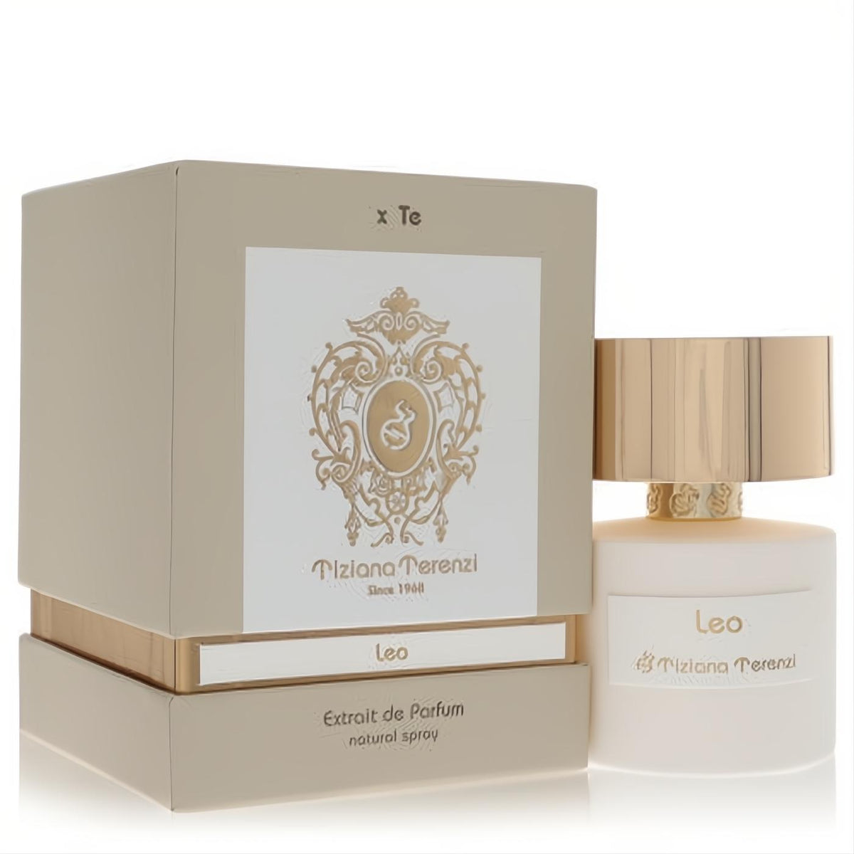 Tiziana Terenzi Leo Extrait De Parfum: elegant white bottle with a luxurious gold cap and matching beige presentation box.