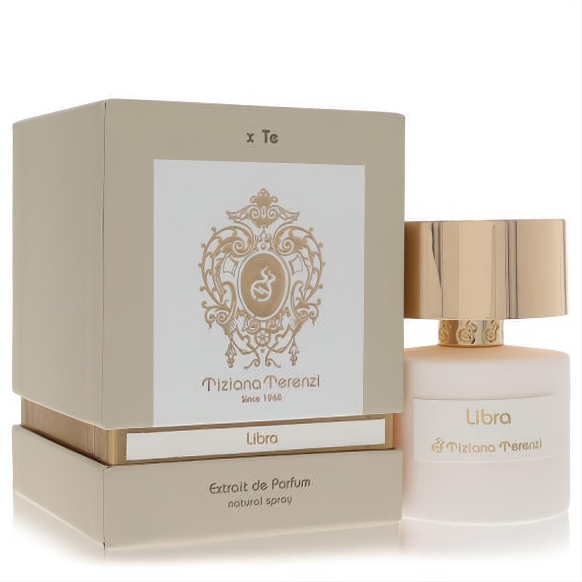 Experience Tiziana Terenzi Libra 3.38 oz unisex extrait de parfum. Elegant frosted bottle, gold cap, ornate beige box.