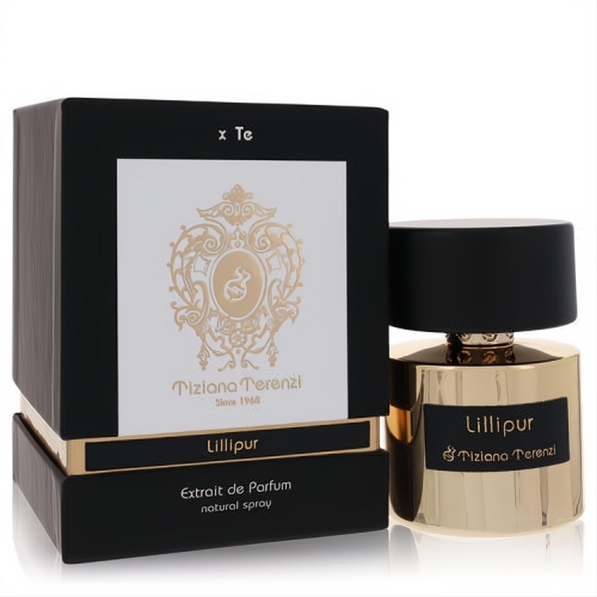 Tiziana Terenzi Lillipur Extrait De Parfum. Gleaming gold bottle with sleek black cap and label, presented with its elegant black and gold box.