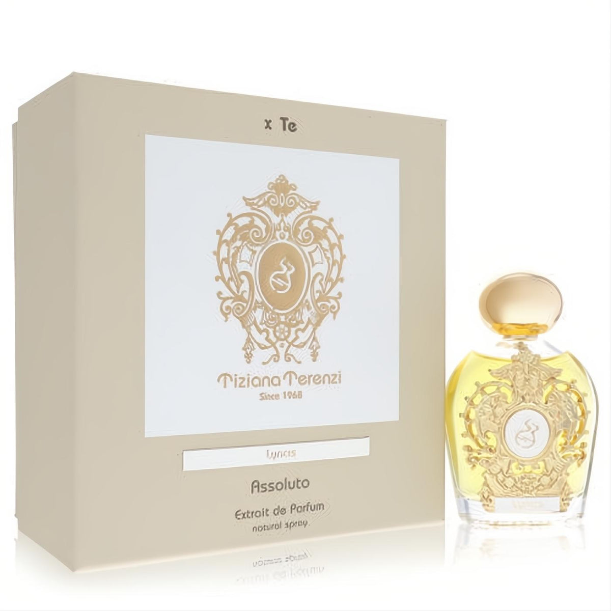 Luxurious Tiziana Terenzi Lyncis Assoluto Extrait De Parfum. Gold ornate bottle, clear glass, and elegant beige box.