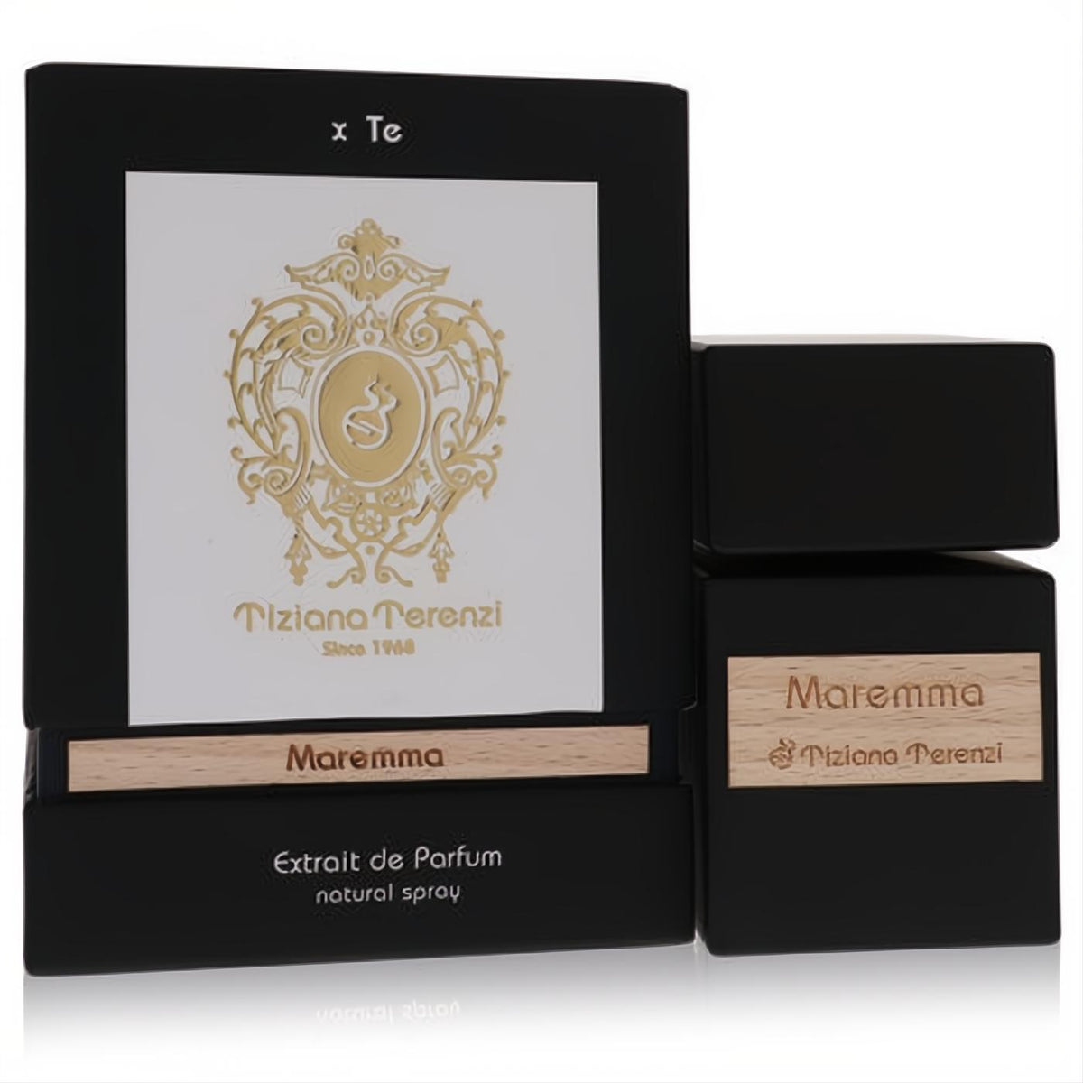 Tiziana Terenzi Maremma Extrait De Parfum 3.38 oz. Black box with gold logo and natural wood Maremma details.
