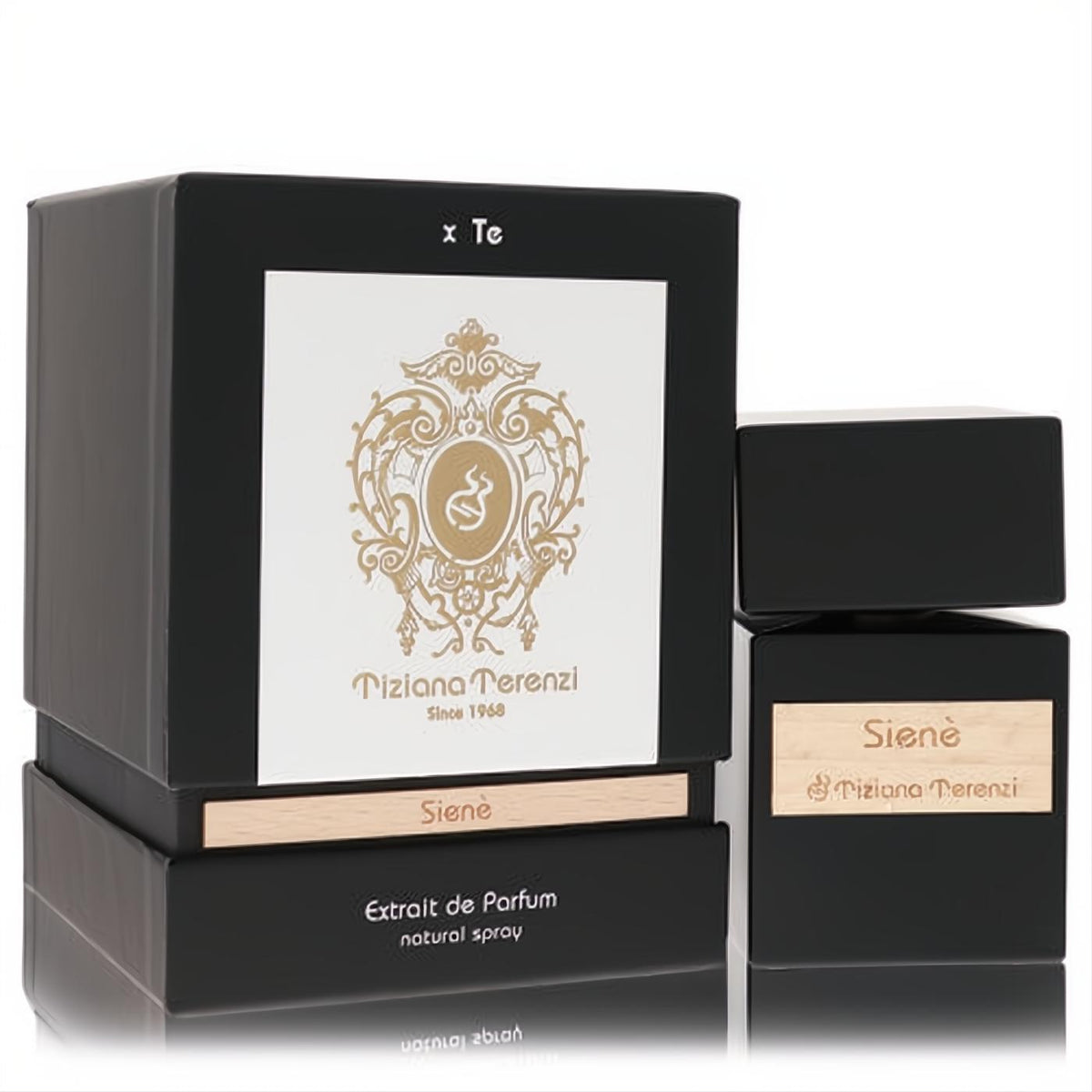 Tiziana Terenzi Siene Extrait De Parfum. Elegant black bottle and box, featuring gold and tan labels for a luxurious unisex fragrance.