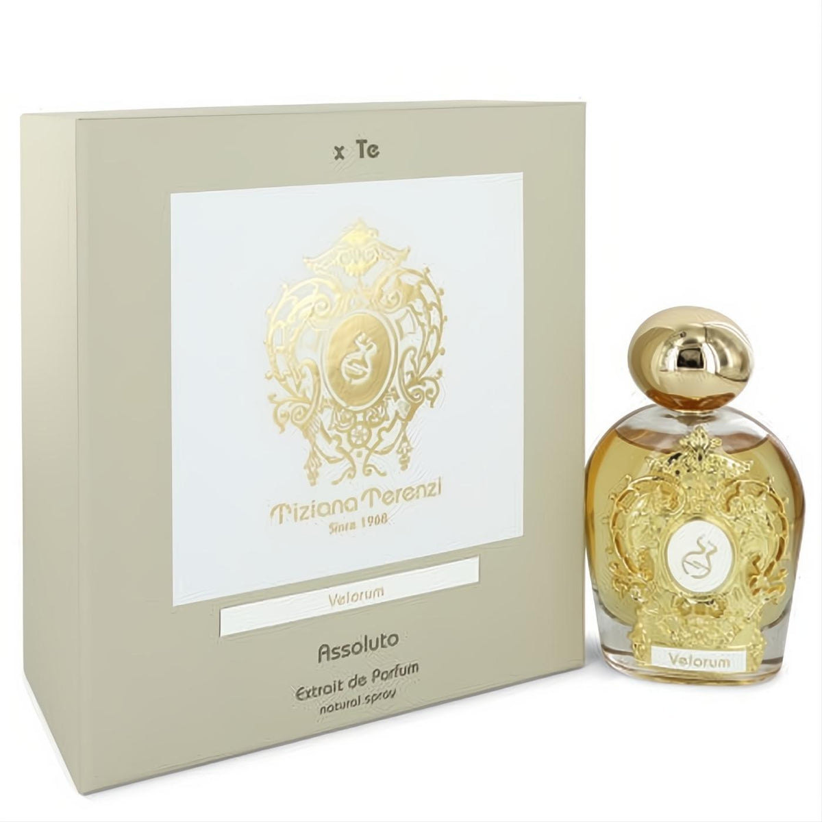 Tiziana Terenzi Velorum Extrait de Parfum: opulent gold bottle and elegant beige box with intricate gold branding.
