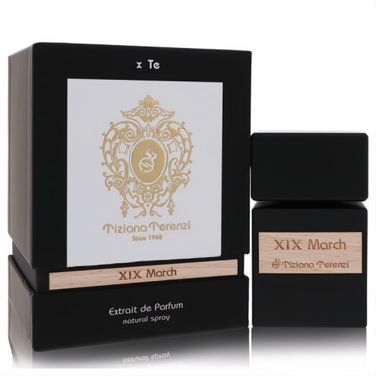 Tiziana Terenzi Xix March Extrait De Parfum: sophisticated black bottle & box, featuring a striking gold emblem and natural wood accents.