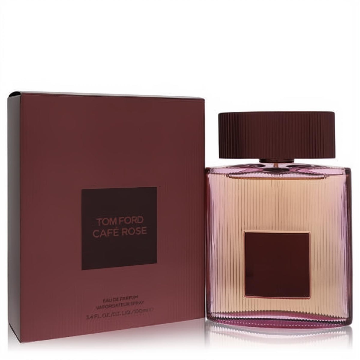 Tom Ford Café Rose 3.4 oz Eau De Parfum. Elegant fluted glass bottle with light rose liquid, dark burgundy cap, and matching box.