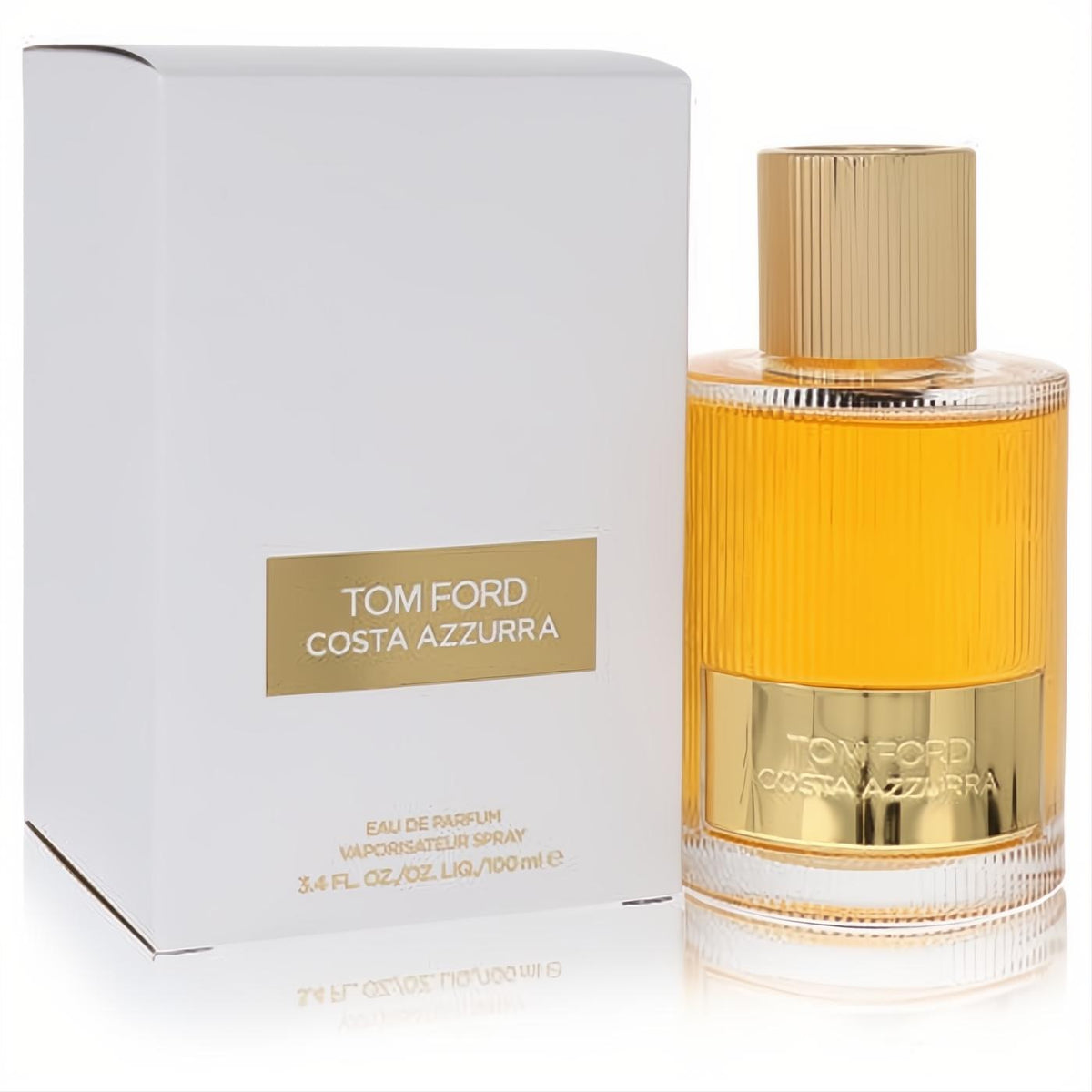 Luxurious Tom Ford Costa Azzurra 3.4 oz EDP spray. Golden fragrance in a ribbed glass bottle with gold cap, beside its elegant white box.
