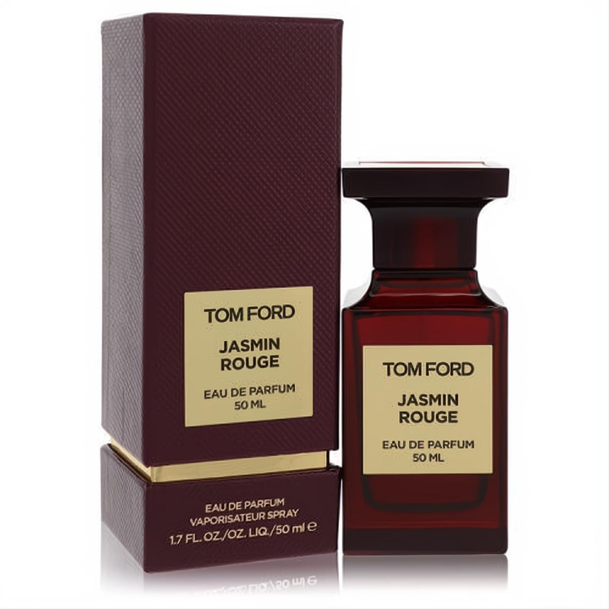 Tom Ford Jasmin Rouge 1.7 oz Eau De Parfum spray. Luxurious dark red glass bottle and matching textured box with gold accents.