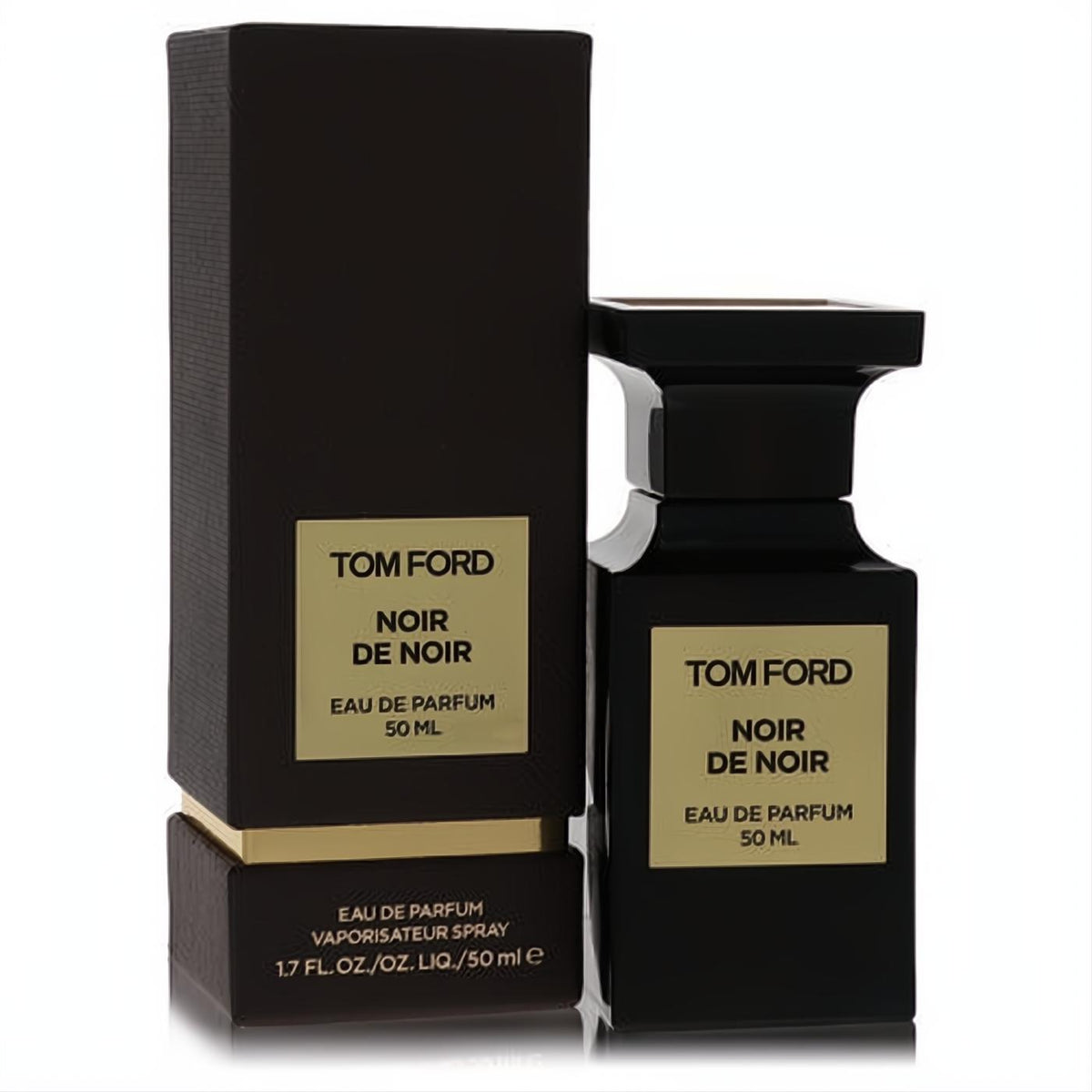 Experience luxury with Tom Ford Noir De Noir 1.7 oz Eau de Parfum spray. Sleek black bottle and box with elegant gold labels.