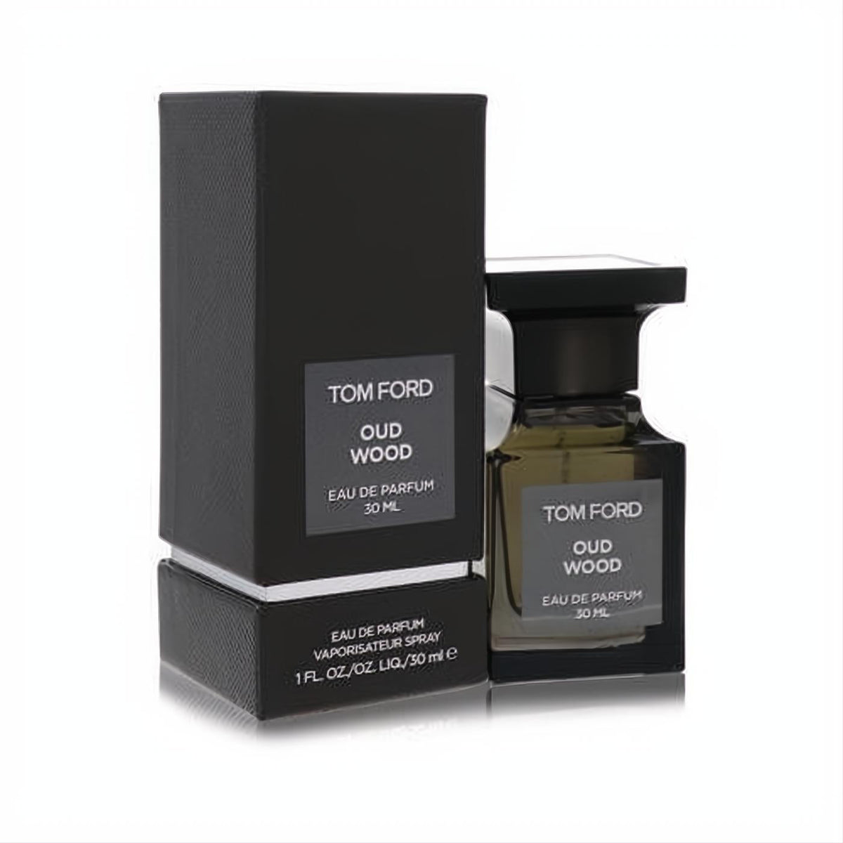 Tom Ford Oud Wood 50ml Eau De Parfum in a sleek black bottle with matching box, exuding luxury.