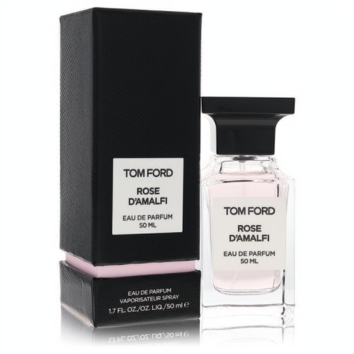 Tom Ford Rose D'amalfi 1.7 oz Eau De Parfum spray. Elegant clear glass bottle, black cap, and sophisticated black & pink box.