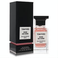 Tom Ford Rose De Chine 50ml Eau De Parfum. Elegant clear glass bottle with alluring rose fragrance and black cap, beside its sleek black box.