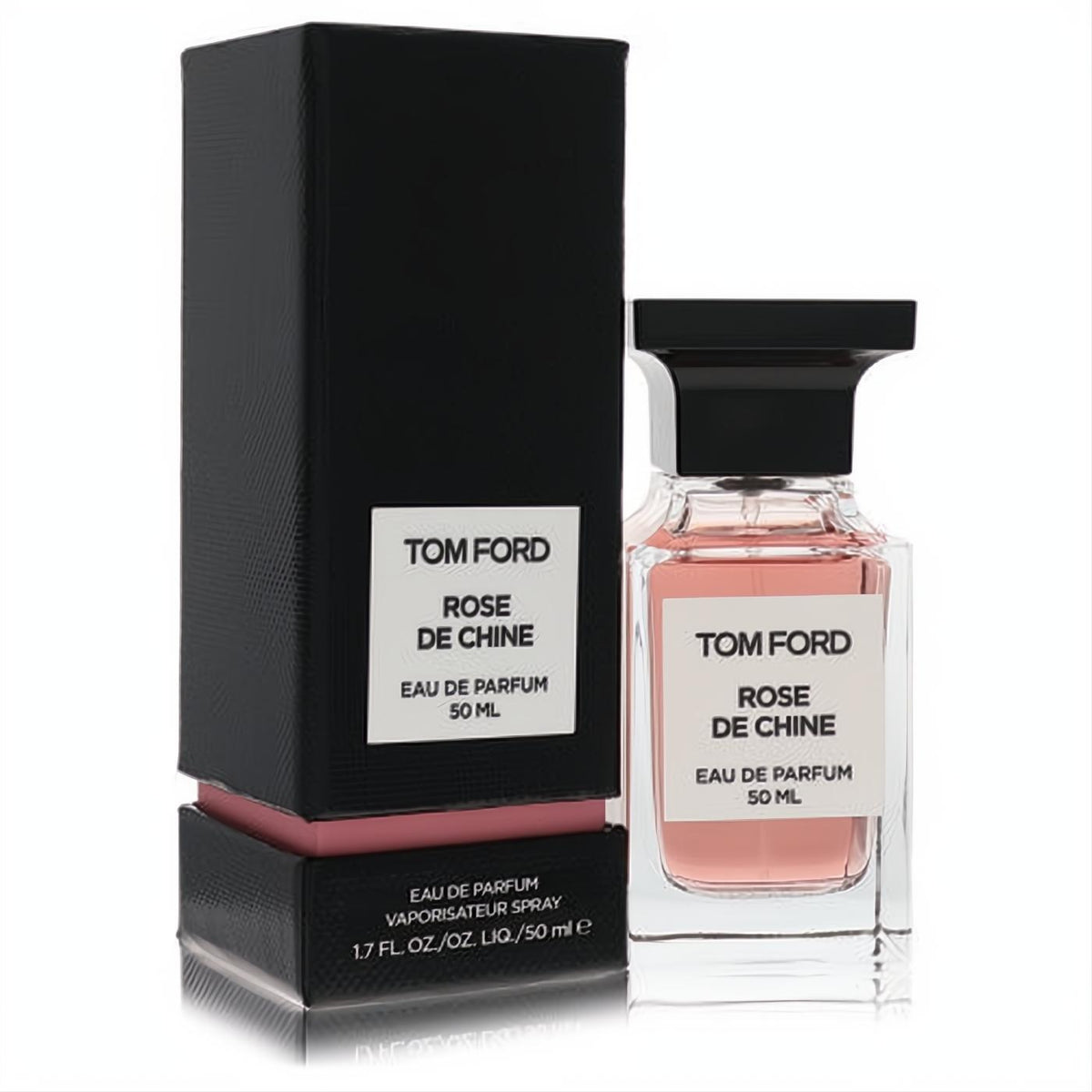 Tom Ford Rose De Chine 50ml Eau De Parfum. Elegant clear glass bottle with alluring rose fragrance and black cap, beside its sleek black box.