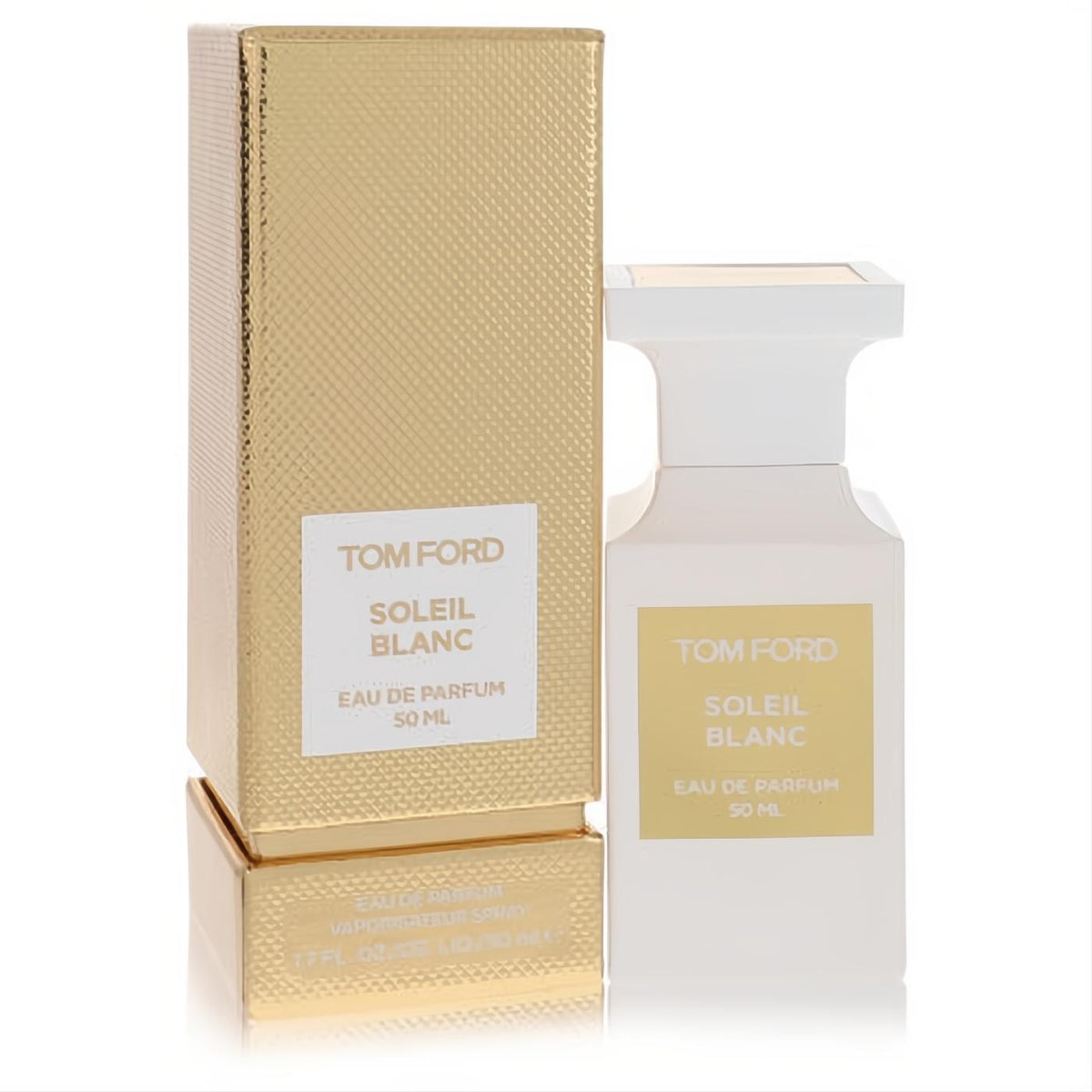 Tom Ford Soleil Blanc 1.7 oz Eau De Parfum spray. Elegant white bottle, luxurious gold textured box.