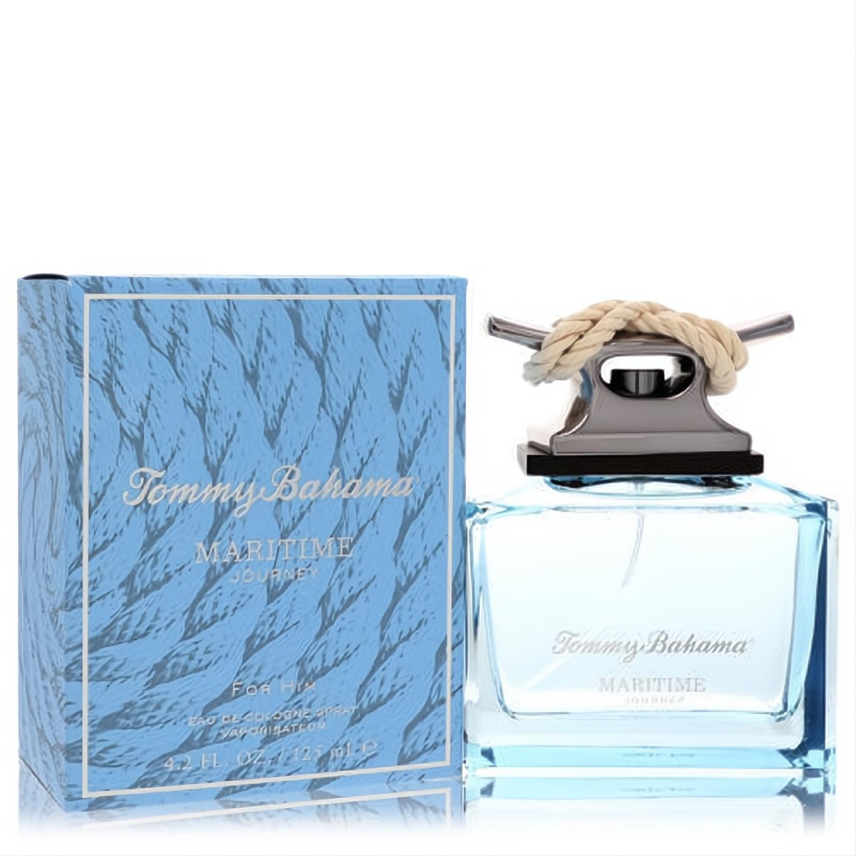 Tommy Bahama Maritime Journey 4.2 oz men's cologne. Light blue bottle with a distinctive silver cleat and rope cap.