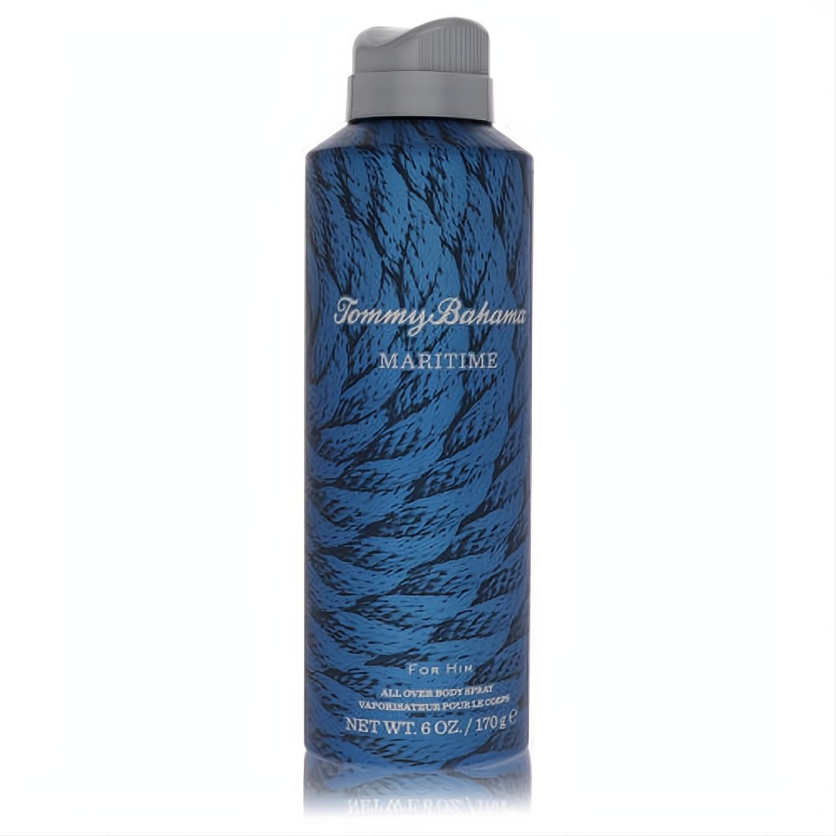 Tommy Bahama Maritime 6 oz body spray for men. Dark blue can with a stylish rope texture and gray cap.