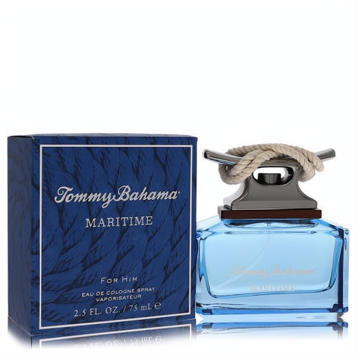 Tommy Bahama Maritime 2.5 oz men's cologne. Distinctive blue bottle with a nautical cleat & rope cap, beside its elegant blue box.