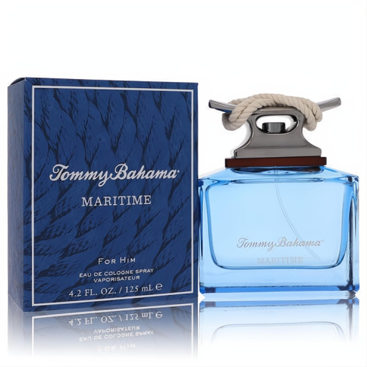 Tommy Bahama Maritime 4.2 oz men's cologne. Stylish light blue glass bottle with unique nautical rope cap, dark blue box.