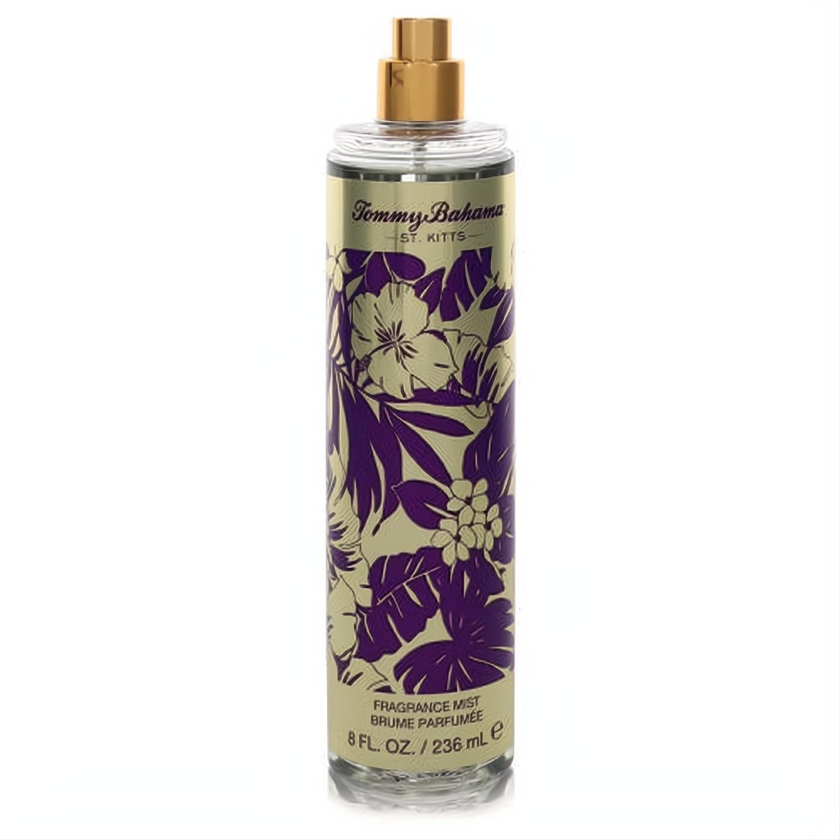 Tommy Bahama St. Kitts 8 oz fragrance mist tester. Clear bottle, gold cap, vibrant purple tropical floral label.