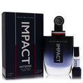 Tommy Hilfiger Impact Intense men's EDP set. Features a bold 3.4 oz blue gradient bottle, sleek black cap, and handy travel spray.