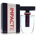 Tommy Hilfiger Impact Spark 3.4 oz EDT spray & box. Clear glass bottle with light blue fragrance, distinctive dark blue T-cap, and bold red 'IMPACT' branding.