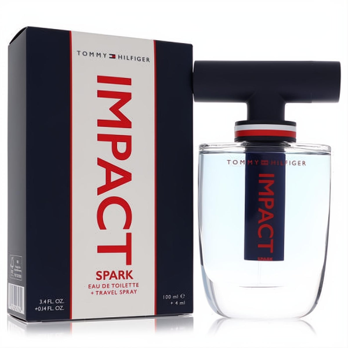 Tommy Hilfiger Impact Spark 3.4 oz EDT spray & box. Clear glass bottle with light blue fragrance, distinctive dark blue T-cap, and bold red 'IMPACT' branding.