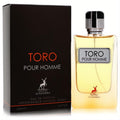 Toro Pour Homme Maison Alhambra 3.4 oz EDP. Amber fragrance in a clear glass bottle, textured silver cap, and sleek black box.