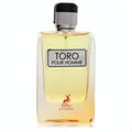 Toro Pour Homme 3.4 oz EDP by Maison Alhambra. Sophisticated clear glass bottle with radiant amber fragrance, silver label, and textured cap.