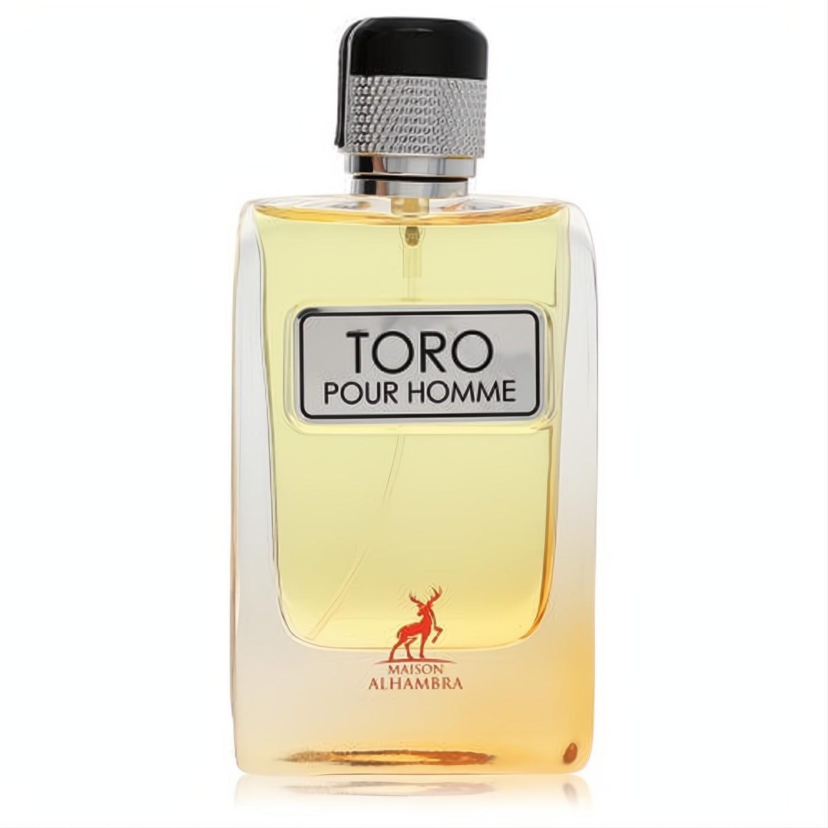 Toro Pour Homme 3.4 oz EDP by Maison Alhambra. Sophisticated clear glass bottle with radiant amber fragrance, silver label, and textured cap.