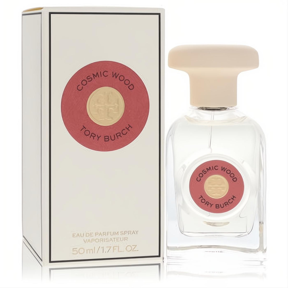 Tory Burch Cosmic Wood 1.7 oz EDP. Chic clear glass bottle with a vibrant reddish-pink and gold label, next to its elegant cream box.