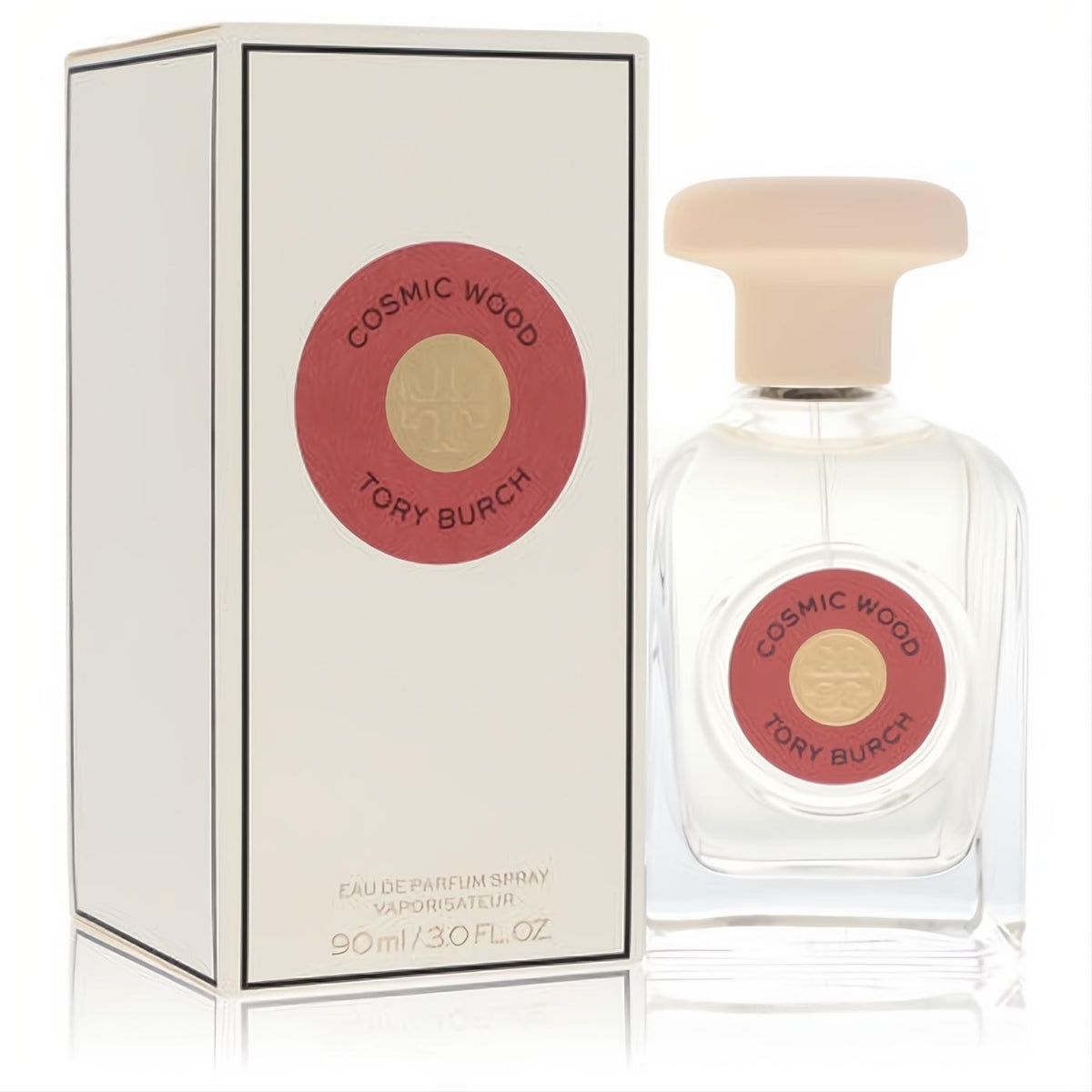 Tory Burch Cosmic Wood 3 oz EDP spray. Clear glass bottle, elegant peach cap, and vibrant red label, displayed with its cream box.