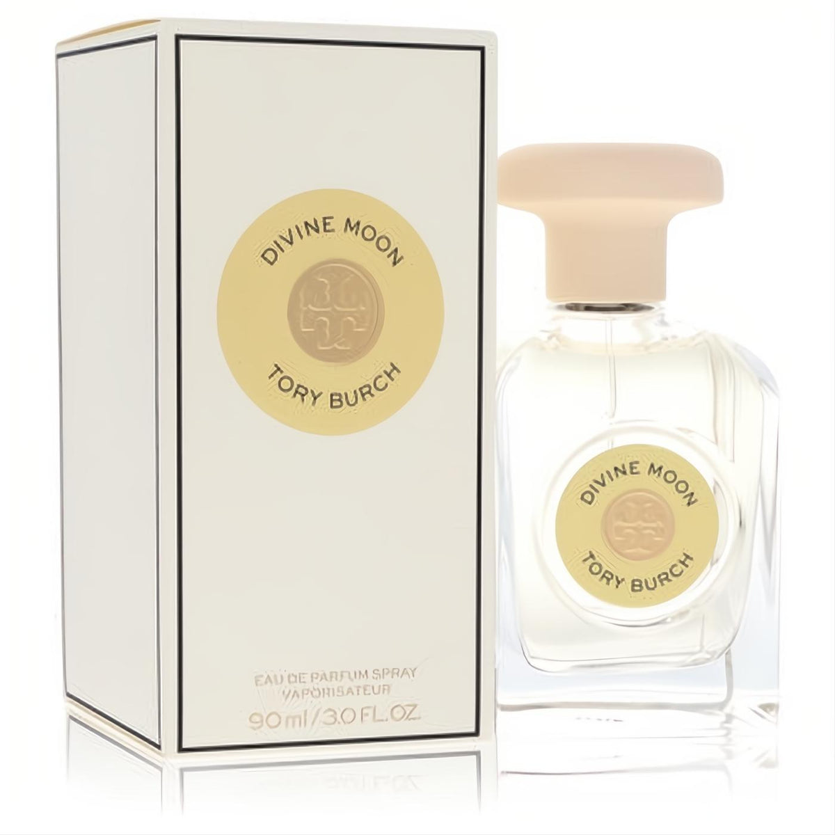 Tory Burch Divine Moon 3 oz EDP spray. Clear glass bottle, gold moon label, peach cap, and elegant white box. Luxurious women's perfume.