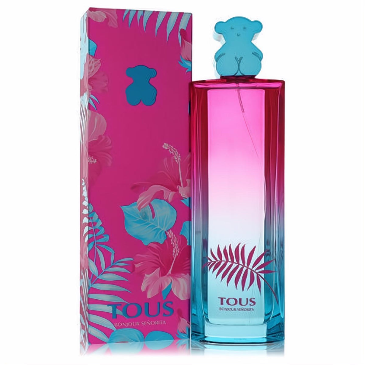 Experience Tous Bonjour Senorita! Vibrant pink-to-blue perfume bottle with a blue bear cap and tropical floral box.